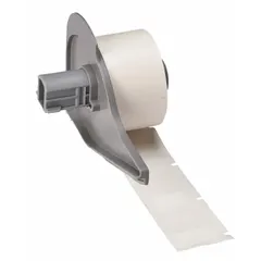 Precut wraparound label roll for permanent wire identification. White matte vinyl material with adhesive backing. Designed for wire gauges 10 AWG to 6 AWG. Compatible with BMP71 printer series; requires M7-R4300 ribbon. Used for marking wires in electrical panels, machinery, and control systems.