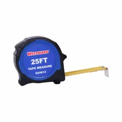 This 25 ft SAE tape measure features a nonmagnetic single hook tip, manual lock, and stud markings. The blade displays feet markings and 1/32 in graduations for the first 12 in. The black plastic body with rubberized grip is suited for construction, framing, and general measurement tasks.
