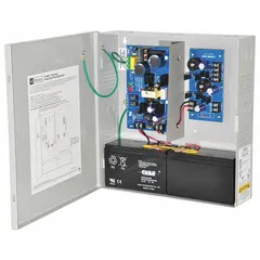 Steel-enclosed power supply board accepting 115V AC input. Provides simultaneous outputs: 5/12 VDC at 1.75A and 24 VDC at 1.5A. Suitable for access control, security, and industrial systems requiring multiple regulated DC voltages from a single source.