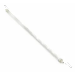 Electric infrared tubular heater element rated 1000 W at 120V AC, 8.3 A. Frosted finish with 5-1/2 in pigtail connection and 3 in wire leads. Designed for horizontal burn mounting. Overall dimensions 5/8 in diameter by 18-15/16 in length. Suitable for use in industrial infrared heating applications such as paint curing, drying, and space heating.
