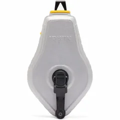 Chalk line reel with 100 ft line length and 4 oz fill weight. Features a silver sliding door design and aluminum body. Used for marking straight reference lines on construction, carpentry, and masonry surfaces.