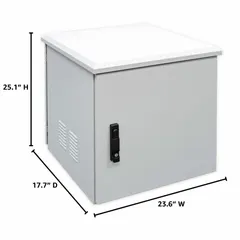 This fan-cooled server rack enclosure provides 12 rack units of space for mounting network equipment, servers, or patch panels. Constructed from steel with a powder-coated finish, it measures 25 1/8 x 23 5/8 x 17 3/4 in. The cabinet includes a thermostat for temperature management, suitable for indoor or sheltered outdoor installations.