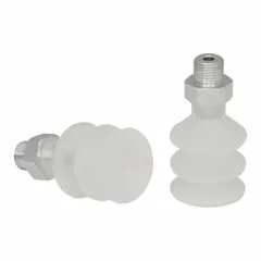 This bellows type vacuum pad assembly is designed for food-safe pick-and-place applications. It features 2.5 folds, a G1/8 in vacuum port, and a 26 mm pad diameter. The clear material allows visual inspection. Suitable for gentle handling in packaging, food processing, and automated assembly lines.