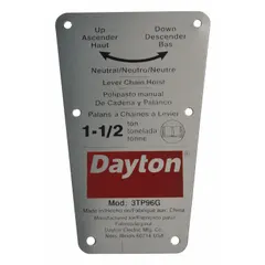 This capacity label is a replacement part for Dayton material handling equipment, specifically designed for model 3TP96G. It displays the rated load capacity and operating limits to ensure safe operation. The label is intended for use in industrial facilities where equipment compliance and safety information must be clearly visible.