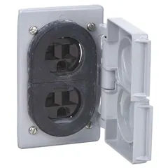 Duplex weatherproof cover with receptacle rated 125V AC, 15 A, NEMA 5-15 configuration, in gray. Designed for general-purpose receptacles in outdoor or damp locations, providing protection from moisture and debris.