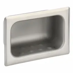 This institutional soap dish is constructed from stainless steel and designed for recessed mounting in commercial restrooms, healthcare facilities, and public washrooms. The unfinished finish provides a low-maintenance surface suitable for high-traffic environments. Model 1832-PF.