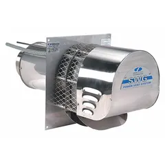 Pipe-mount exhaust draft inducer for oil-fired furnaces. Fits 5 in to 6 in pipe, with a stainless steel wheel and 0.006 cfm @ 0.0 in SP. Operates on 115V AC at 60 Hz, 2.1 A. Includes two-piece backing plate. UL Listed.