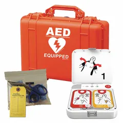 Semi-automatic defibrillator for emergency treatment of sudden cardiac arrest. Includes rugged case, adult AED pads, and 4-year shelf-life Li-MnO2 battery. Services include 1 year management. CPR feedback not included.