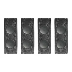 Belt keepers secure duty belts in place, preventing sagging or shifting during use. This set includes four 1-inch-wide keepers made of basketweave synthetic leather in black, each with a snap closure.