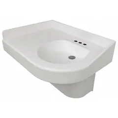 Wall-mounted institutional bathroom sink with a white D-shaped bowl, 14 1/2 in length and 4 in depth. Made of polymer resin. ADA compliant for barrier-free access. Suitable for corner installations in public restrooms.
