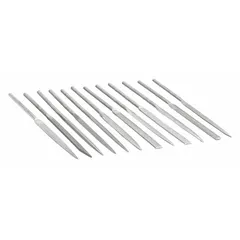 This needle file set includes nine shapes: Barrette, Crossing, Half Round, Knife, Rectangular, Round, Slitting, Square, and Triangular. It features a 4 cut and is non-magnetic. Used for precision filing, deburring, and shaping in metalworking and maintenance applications.