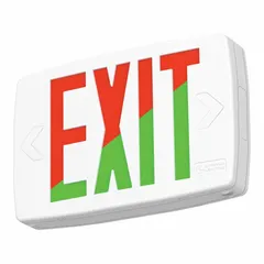 This LED exit sign features a white plastic housing with red/green switchable text and directional chevrons. It operates on multi-volt 120-277VAC and includes emergency battery backup and self-diagnostics. Designed for ceiling mounting, it provides illuminated egress guidance in commercial and industrial facilities.