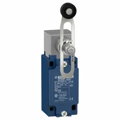 Roller lever-arm limit switch from the XCKJ series with a 90° operating head and 60 mm mounting hole vertical center-to-center distance. Electrical connection via 5-pin M12 connector. Used for position detection and end-of-travel signaling in industrial automation applications such as conveyors, packaging lines, and machine tools.