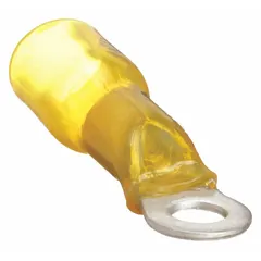 Yellow heat shrink insulated ring terminal for #10 stud size, accepting 12 AWG to 10 AWG wire. The heat shrink sleeve provides environmental sealing after installation, protecting against corrosion and short circuits. Suitable for automotive, marine, and industrial applications requiring vibration and moisture resistance.