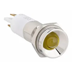 Yellow LED pilot light with protruding head for panel mounting. Features a 0.11 male quick disconnect electrical connection. Used as a visual indicator on industrial control panels, machinery, and equipment.