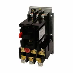 Non-reversing manual motor starter with thermal overload protection. Rated 45 A, 3 poles, NEMA Size M-0, maximum 600V AC. Requires 3 thermal units (not included). Used for starting and stopping motors in industrial applications such as pumps, conveyors, and machinery.