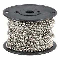 Steel ball chain with nickel-plated silver finish. No. 10 trade size, 3/16 in chain diameter, 100 ft length. Used for general-purpose hanging, pulling, or securing in industrial settings.