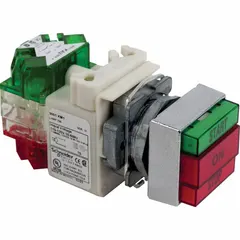 This 30 mm metallic flush-mount push button from the SQUARE D 9001K series features momentary/momentary/momentary action and 1NO/1NC contacts. The illuminated design provides clear status indication in industrial control panels, automation systems, and machinery applications. Its flush profile and metallic construction suit panel builds requiring reliable switching in demanding environments.