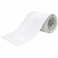 White matte-finish precut label roll for use with Brady J4000 printer series. Each roll is 10 inches long with 7-inch wide labels, 100 labels per roll. Suitable for industrial identification in cryogenic environments, such as asset tracking, pipe marking, and equipment labeling requiring cold resistance.