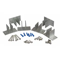 Aluminum panel bracket with brushed finish for securing solid plastic polymer bathroom partitions. Includes mounting hardware. Overall height 5 1/2 in, width 5 in. Compatible with solid plastic polymer partition material.