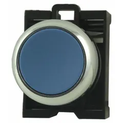 Momentary-action push-button operator from the M22 series with a metallic construction and blue actuator. Designed for flush-mount or recessed panel installations in industrial control systems. Suitable for start, reset, or momentary command functions.