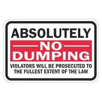 This aluminum sign features Engineer Grade retroreflective sheeting for nighttime visibility. It displays the message 'Absolutely --No-- Dumping Violators Will Be Prosecuted To The Fulles Extent Of The Law' and includes mounting holes for permanent outdoor installation to deter unauthorized dumping
