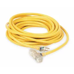 This 100 ft outdoor extension cord features three grounded outlets and a NEMA 5-15P plug. The 10/3 SJTW jacket is rated for temperatures from -40° to 167°F, suitable for powering tools, lights, and equipment in outdoor environments.