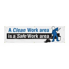 This indoor/outdoor banner is made of poly sheeting and printed on one side with the message 'A Clean Work Area Is A Safe Work Area.' It measures 28 in x 96 in and does not include wind slits. Commonly used in industrial settings to promote housekeeping and safety awareness.