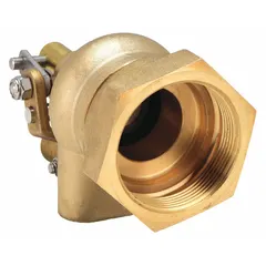 This brass float valve body from the R605T High Turbo series is designed for horizontal piping systems. It features an angle valve body style with an adjustable arm and a female NPT inlet connection. Suitable for water media, it supports a flow rate of 180 gpm at 85 psi with a 3/8"-16 rod thread. Supplied as a valve body only, without float and rod.