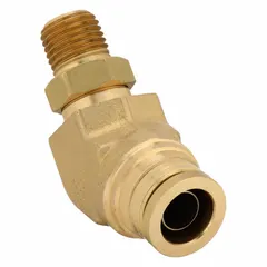 Brass push-to-connect elbow fitting with 1/2 in OD tube connection and 1/4 in male NPT pipe thread. Designed for quick, tool-free installation in pneumatic and air brake systems. Provides a reliable seal in truck, trailer, and industrial air circuits.