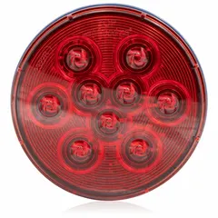 This red LED stop light has a round shape with a 4 5/16 in overall diameter. It features a dry fit connector and grommet mount for permanent installation. DOT compliant, it is used as a stop/turn/tail light on trailers, trucks, and industrial vehicles.