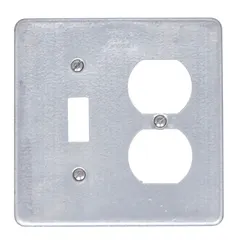 Gray aluminum and zinc weatherproof cover for FD/FS series boxes. Designed for duplex receptacles and tumbler flush switches. Mounts horizontally or vertically. Suitable for outdoor or damp locations.