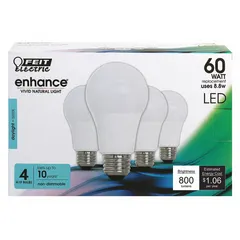 This LED A19 bulb features a frosted finish and an E26 medium screw base. It operates at 8.8 watts and produces a 5000K cool white light. Suitable for standard household fixtures such as table lamps, ceiling fans, and enclosed fixtures for general illumination.