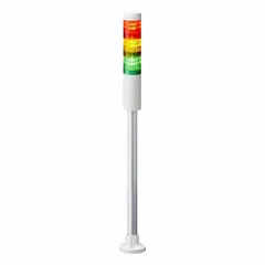Three-tier tower light assembly with amber, green, and red steady light tiers. Operates at 24V DC and features direct wire connection. IP65 rating allows use in environments exposed to dust and water jets. Suitable for visual status indication on industrial machinery and equipment.