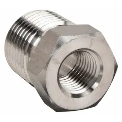 316 stainless steel pipe straight with 1/4 in x 1/8 in fitting pipe size, rated for 6,000 psi maximum operating pressure, and 55/64 in length. Used to connect pipes or tubes in a straight line in extreme-pressure instrumentation systems for hydraulic, pneumatic, and process control applications.