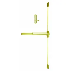 This surface vertical rod push bar is constructed of brass and features a touchbar and lever trim. It is configured for right-hand reverse (RHR) doors up to 3 ft wide. Used as an exit device for commercial and industrial door applications requiring reliable egress actuation.