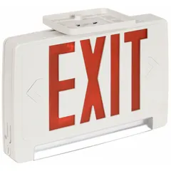 Plastic exit sign with linear bottom-mount light bars, suitable for ceiling or wall mounting. Provides red LED illumination with universal field selectable chevrons. Operates on 120/277V AC and includes a nickel cadmium battery backup. Remote capable with white housing and red text.
