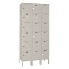 This assembled louvered metal box locker from LYON provides secure personal storage in industrial facilities, schools, and locker rooms. The louvered door design promotes airflow, making it suitable for damp or odorous environments. It features 6 tiers, 3 units wide, and a padlock hasp for user-supplied lock security. Color is medium gray; number plates are not included.