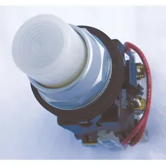 White LED pilot light from the HT800 series with a 30 mm panel mounting size. Rated for 120 V AC maximum supply voltage. Includes a push-to-test function for verifying lamp operation. Used in industrial control panels to indicate machine status or power-on condition.