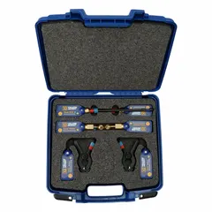 This wireless diagnostic kit includes two psychrometers for measuring pressure, temperature, humidity, and dew point from -40°F to 266°F. It features an LED display and is compatible with the YJACK VIEW® app for data monitoring. Typical applications include HVAC/R system charging and air diagnostics.