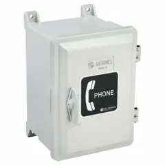 This NEMA 4X-rated plastic enclosure is designed for surface mounting wall telephones in outdoor or wet environments. The gray, corrosion-resistant housing includes a hinged door and a modular jack for telephone connection. Suitable for industrial plants, parking garages, and other locations requiring a weatherproof telephone.