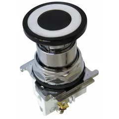 This EATON mushroom-head push button is a 30 mm metallic unit with a maintained/momentary/momentary action and 2 normally closed contacts. It is used as an emergency stop device in industrial control circuits to interrupt power and halt machinery when pressed.