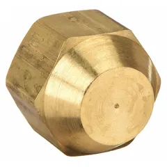 This brass flared fitting cap is designed to seal the end of 3/8 in OD tubing in hydraulic, pneumatic, and fuel systems. It features a 45-degree flare connection and complies with SAE J512 standards. Supplied in a 10-pack.