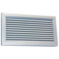 This Dayton door louver is constructed from clear anodized aluminum for corrosion resistance. It has a rough opening size of 8 1/2 inches high by 14 1/2 inches wide. Designed for installation in doors, it provides ventilation and airflow while blocking light and debris. Commonly used in mechanical rooms, warehouses, and industrial facilities to maintain air circulation.