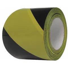 This vinyl floor marking tape features a striped black/yellow pattern for high-visibility warning. With an 8 mil thickness and no legend, it is suited for marking aisles, hazard zones, and walkways in industrial facilities to improve safety and traffic flow.