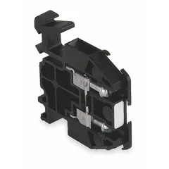 DIN rail mount pass-through block with screw clamp wire termination and 2 wire terminals. Accepts minimum wire size 22 AWG. Used for connecting and distributing wiring in control panels and automation systems.