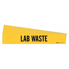 Yellow adhesive pipe marker with black legend reading 'Lab Waste' without arrows. Fits pipe outer diameters from 2-1/2 to 7-7/8 inches. Pack of 5 markers for identifying waste piping in laboratory and industrial settings.