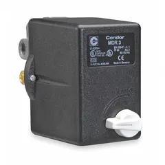 This motor overload-protected pressure switch features a diaphragm actuator and a pressure range of 45 to 160 psi. It has three 1/4" FNPT connections and offers Auto/Off/Reset operation. Designed for controlling and protecting air or water pumps, it automatically starts and stops the motor based on system pressure, providing overload protection.