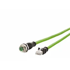 M12 male straight to RJ45 male straight cordset, 10 m length, Cat7 performance, X-coded on both ends, green PUR jacket, IP2X rating. Suitable for industrial Ethernet connections requiring high-speed data transmission.