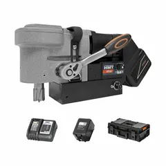 Brushless cordless magnetic drill with permanent magnet base, operating at 270-430 RPM. Designed for portable drilling on ferrous surfaces in steel fabrication, construction, and maintenance applications. Powered by Makita battery platform.